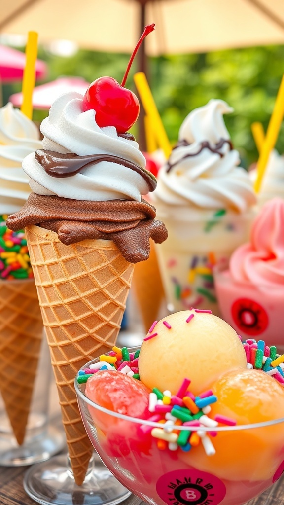 An assortment of ice cream cones and sundaes with colorful toppings in a sunny outdoor setting.